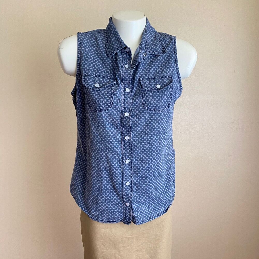 Polly & Esther Size L Sleeveless Snap Down Vest Blue Stars Pearl Snaps Collared
